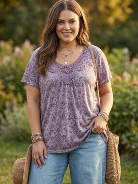 Avenue Top 4X 30 32 Purple Mosaic Burnout Crochet SS Whimsigoth Boho Chic Artsy